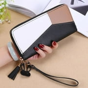 Large PU Leather Wallet for Women, ZipWallet Clutch Travel Tassel Purse Wristlet in Colorblock Leather with Card Slots Money Organizer and Phone Holder