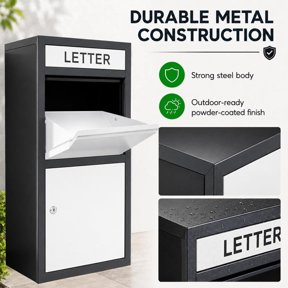 Large Package Delivery Box, Spacious Galvanized Steel Parcel Drop Bin, Black & White Mailbox for Home Entryway