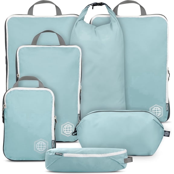 TRIPPED Travel Gear 7-Piece Extra-Large Compression Packing Cubes for Luggage, Dusty Teal and White