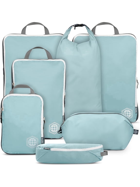 7-Piece Extra-Large Compression Packing Cubes for Luggage, Dusty Teal and White