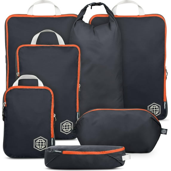 Large Packing Cubes for Travel-Extra Large Compression Packing Cube Luggage Organizers 7 Piece Set-Ultralight, Expandable/Compression Bags for Clothes by TRIPPED Travel Gear (Grey/Orange)