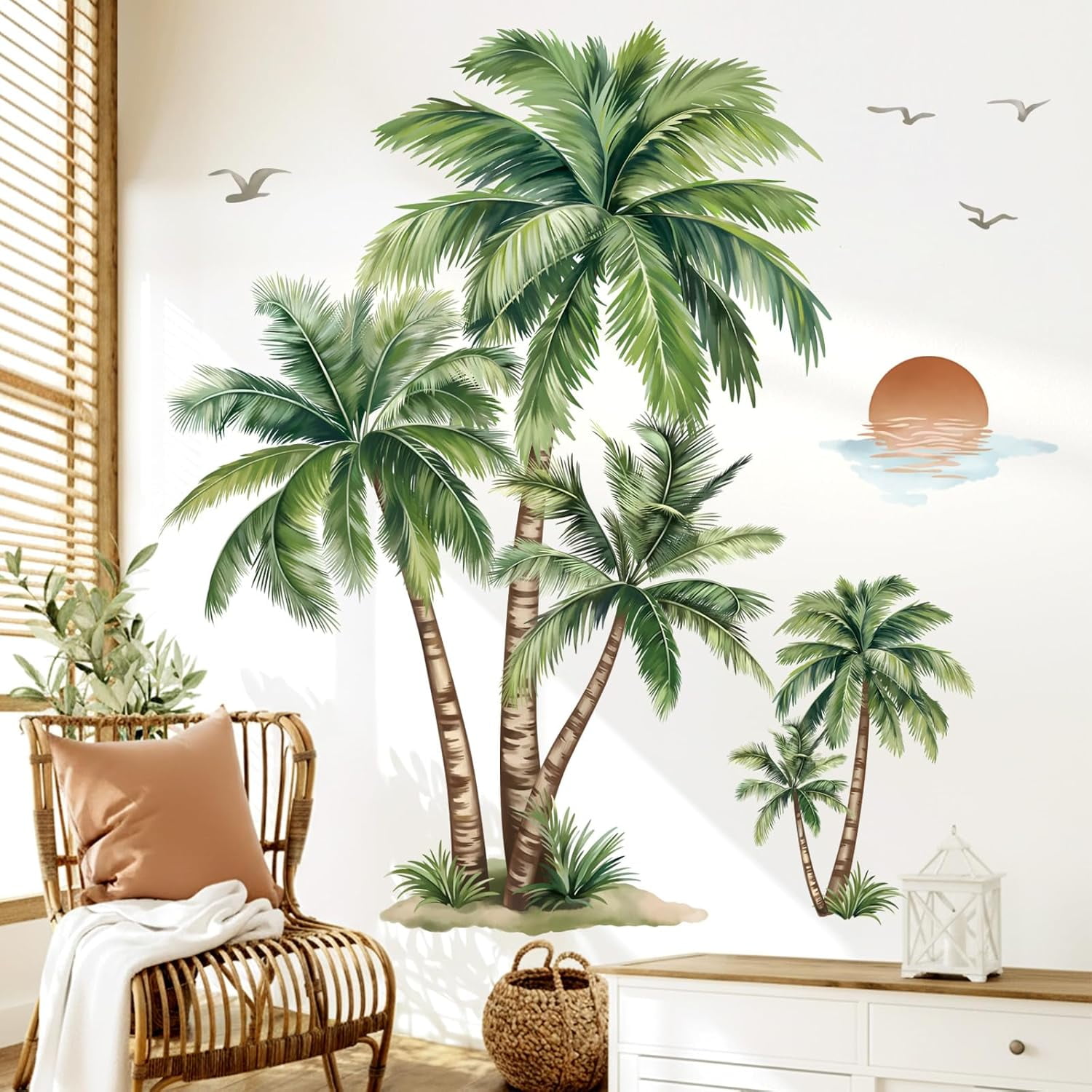 Large Palm Tree Wall Stickers Tropical Plants Coconut Tree Peel and Stick Wall Art Decals for Living Room Bedroom Sofa Background