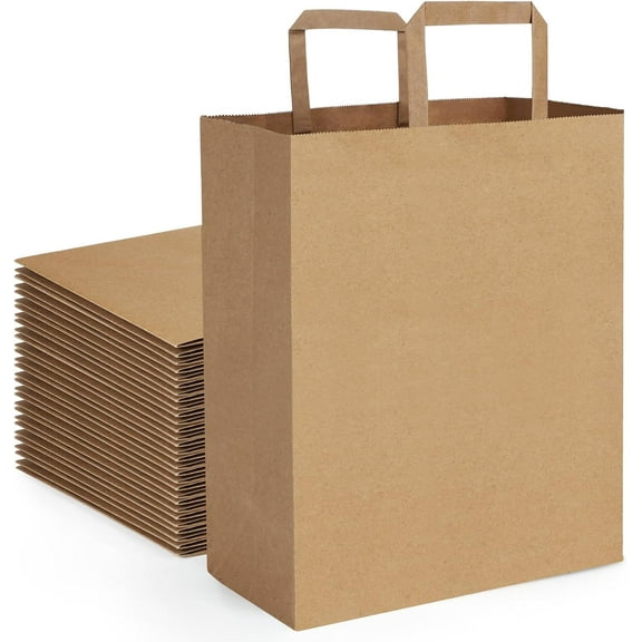Large Paper Grocery Bags with Handles Kraft Brown Grocery Gift Bags for Shopping Retail Merchandise Flat Handles Recycled Takeout To Go Paper Barrel Sacks