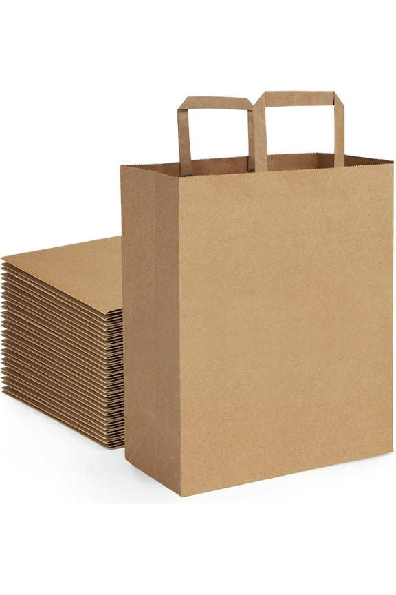 Large Paper Grocery Bags with Handles Kraft Brown Grocery Gift Bags for Shopping Retail Merchandise Flat Handles Recycled Takeout To Go Paper Barrel Sacks