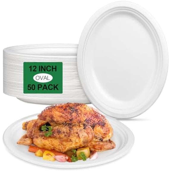 Large Paper Plates 12 Inch, 50 Pack Oval Plates Heavy Duty, Compostable Dinner Plates Eco Friendly Disposable Plates, White Paper Plate Sturdy Strong for Party BBQ Picnic