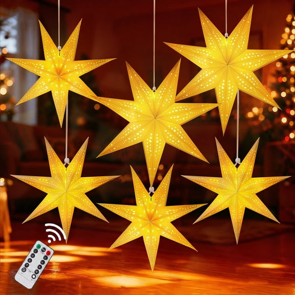 Large Paper Star Lanterns , 3D Hollow Out Christmas Paper Lanterns, 6Pcs Foldable Decorative Christmas Hanging Decorations for Xmas Wedding New Year Party Home Decor Indoor, 24/18 Inch