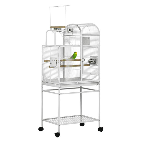 Large Parrot Cage 55" with Stand, Bird Cage for Cockatiels, Lovebirds & Parakeets - Rolling Bird Habitat with Perches, Food Bowls & Toy Hooks - White