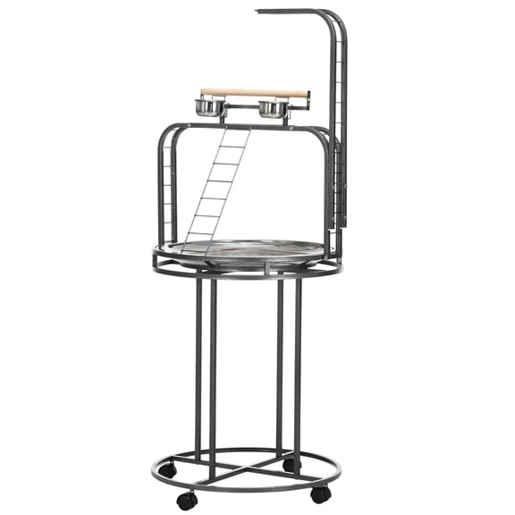 Large Parrot Stand Bird Perch with Toy Hook 3 Ladders Wooden Gray