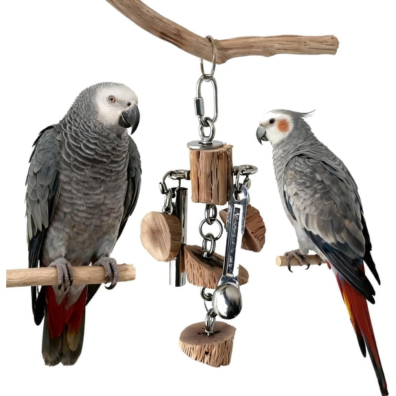 Large Parrot Toys for Macaws, Stainless Steel & Wild Pear Wood Chewable African Grey Toys- Natural Beak Grinding & Stress Relief for Cockatoo, Conure, Budgie (Nature Color)