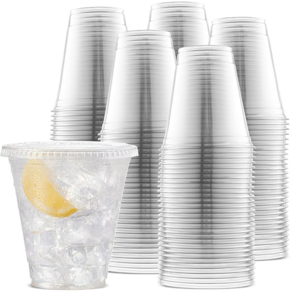 Large Party Plastic Cups with Straw-Slot Flat Lids 12 oz 100 Count - Crystal Clear Disposable Party Cups
