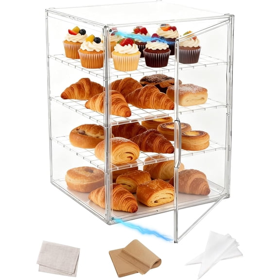 Large Pastry Display Case, 4-Layer Adjustable Corner Bread Box for Kitchen Countertop, 15.75x11.81x9.84inch Bread Storage Container with Magnetic Door (15.75x11.81x9.84inch)