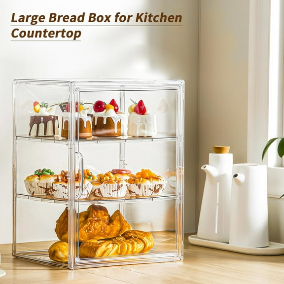 Large Pastry Display Case with Magnetic Door, 3-Layer Adjustable Bread Storage for Kitchen Countertop