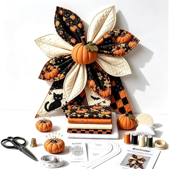 Large Patchwork Bow Sewing Kit,Farmhouse Fabric Folded Flower Door Hanging Craft Set,DIY Sewing Kit with Pre-Cut Fabric Strips,Creative Craft Supplies Gift for Adults,Front Door Wall Decor (A3)