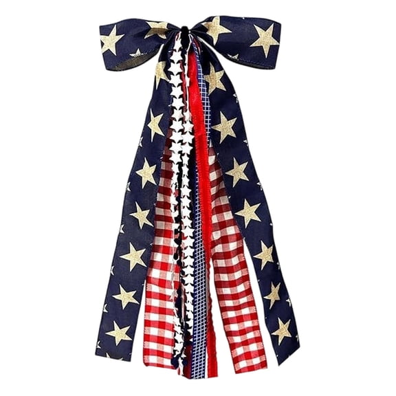 Large Patriotic Ribbon Bow for 4th of July Decorations, Red White & Blue Clip-On Wreath Bow with Star Streamers & Buffalo Plaid Ribbon for Front Door, Memorial Day Indoor & Outdoor Patriotic Decor