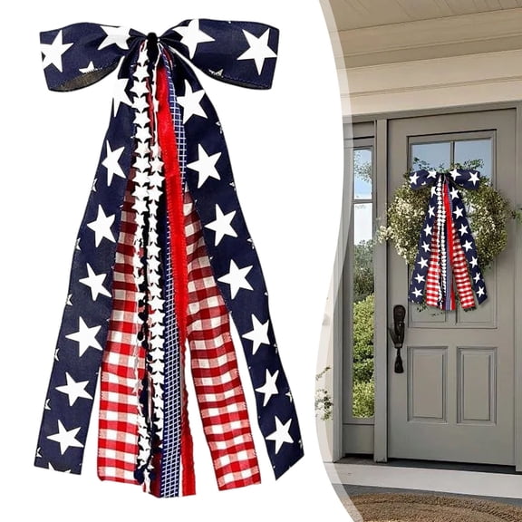 Large Patriotic Ribbon Bow 4th of July Red White Blue Star Burlap Bow with Clip, for Wreaths Front Door Porch Memorial Day Decor