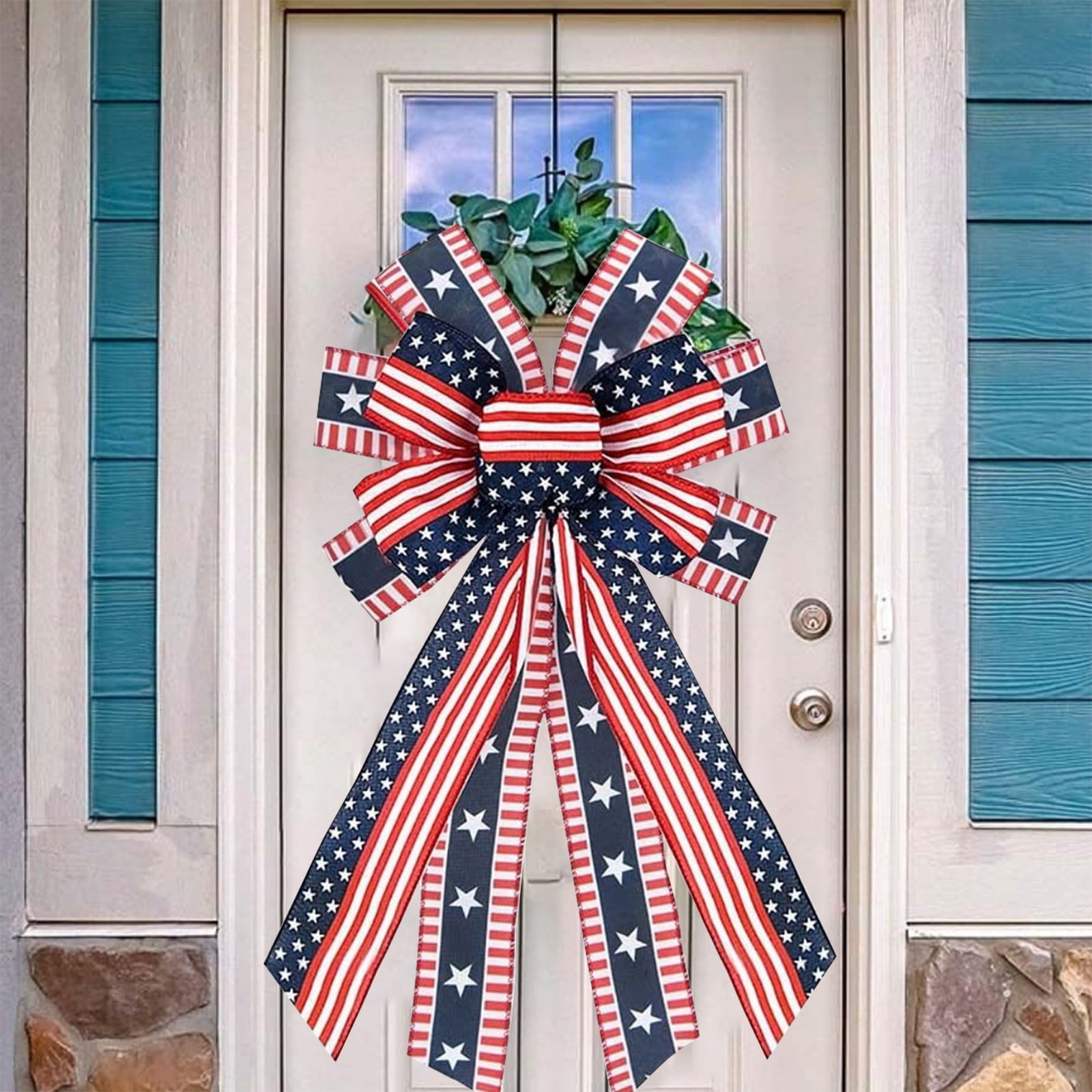 Large Patriotic Wreath Bows for Front Door,4th of July Decorations America Flag Memorial Day Wreath Bow Stars and Stripes Bow for Independence Day,Outdoor & Indoor Hanging Decor