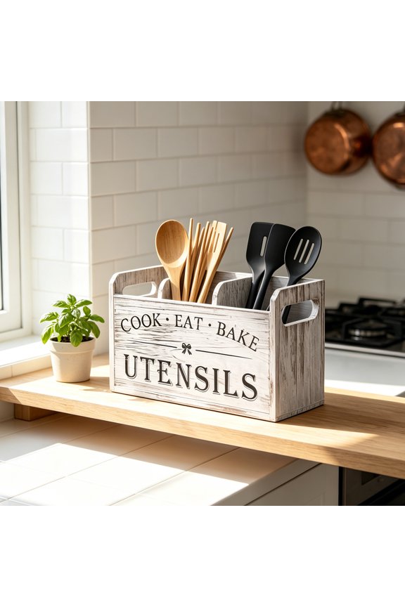 Large Paulownia Wood Storage Box, 3-compartment countertop utensil holder. Features side cutout hand holes and dual side openings for easy lifting. Thickened paulownia wood, moisture-proof and anti-m