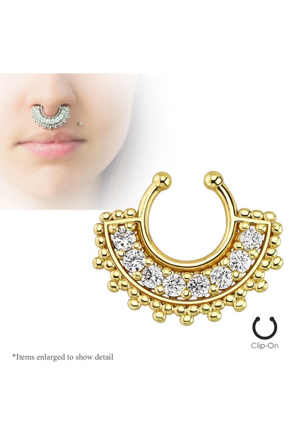 Large Paved Gem Fan I.P. Coated Non-Piercing Septum Hanger - 3 Colors Available