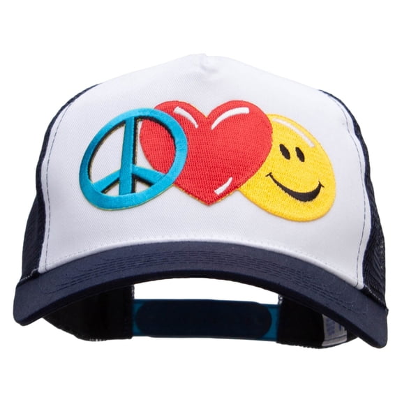Large Peace Heart Smiley Sign Patched 5 Panel High Profile Poly Cotton Twill Mesh Trucker Cap - White Navy OSFM