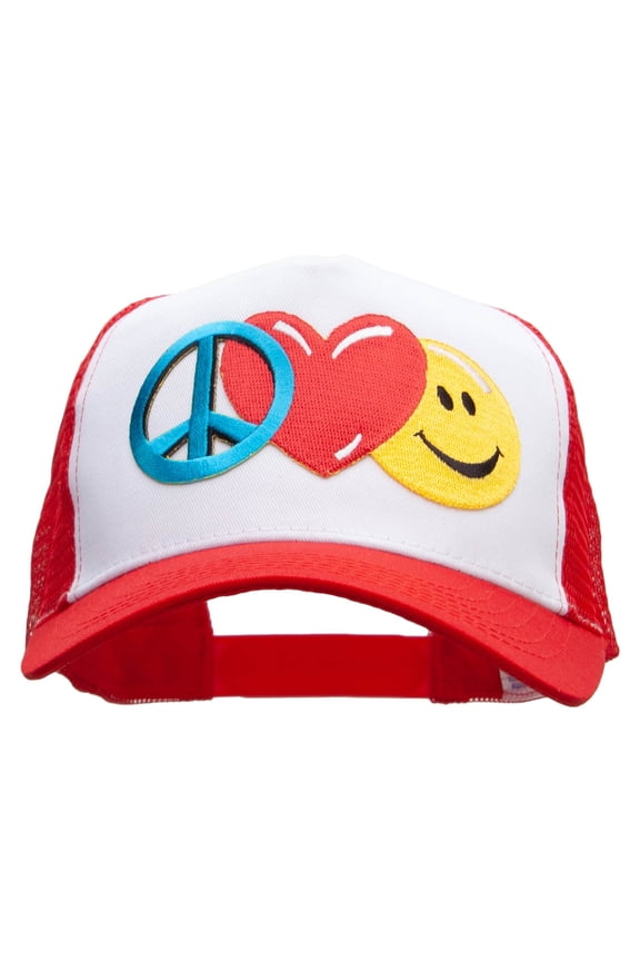 Large Peace Heart Smiley Sign Patched 5 Panel High Profile Poly Cotton Twill Mesh Trucker Cap - White Red OSFM