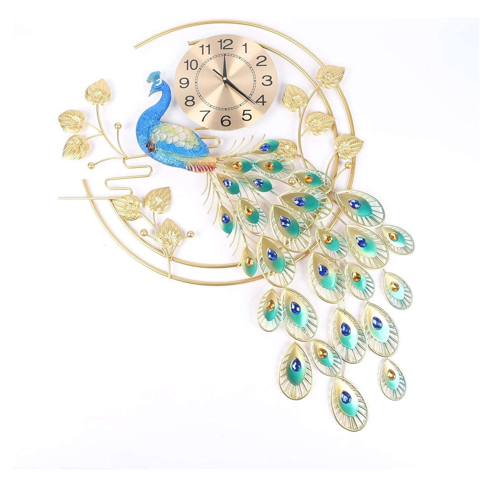 Large Peacock Wall Clock, 36.6 inch Luxury Peacock Clocks Silent Movement Wrought Iron and Metal
