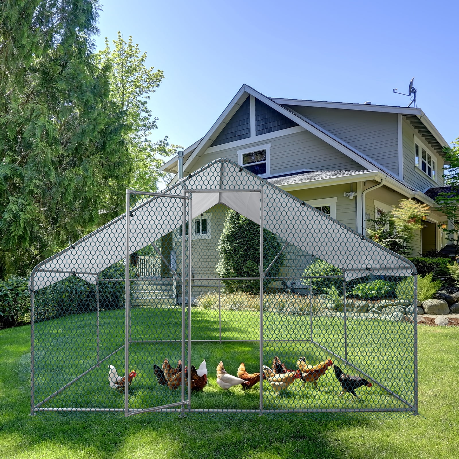 Large Peak Walk-in Chicken Coop, Heavy Duty Metal Chicken Run for Chickens with Waterproof and Anti-UV Cover, for Outdoor and Yard Farm Use, 9.8' x 6.5' x 6.5'