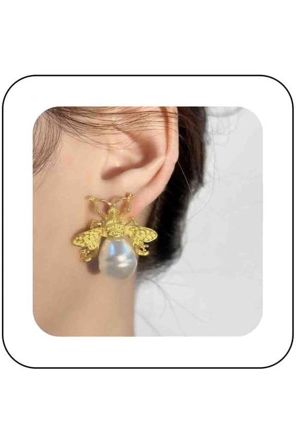 Large Pearl Bee Earrings White Baroque Pearl Earrings Cute Honeybee Stud Earrings Bumble Bee Dangle Earrings Insect Bee Gold Earrings Jewelry for Women