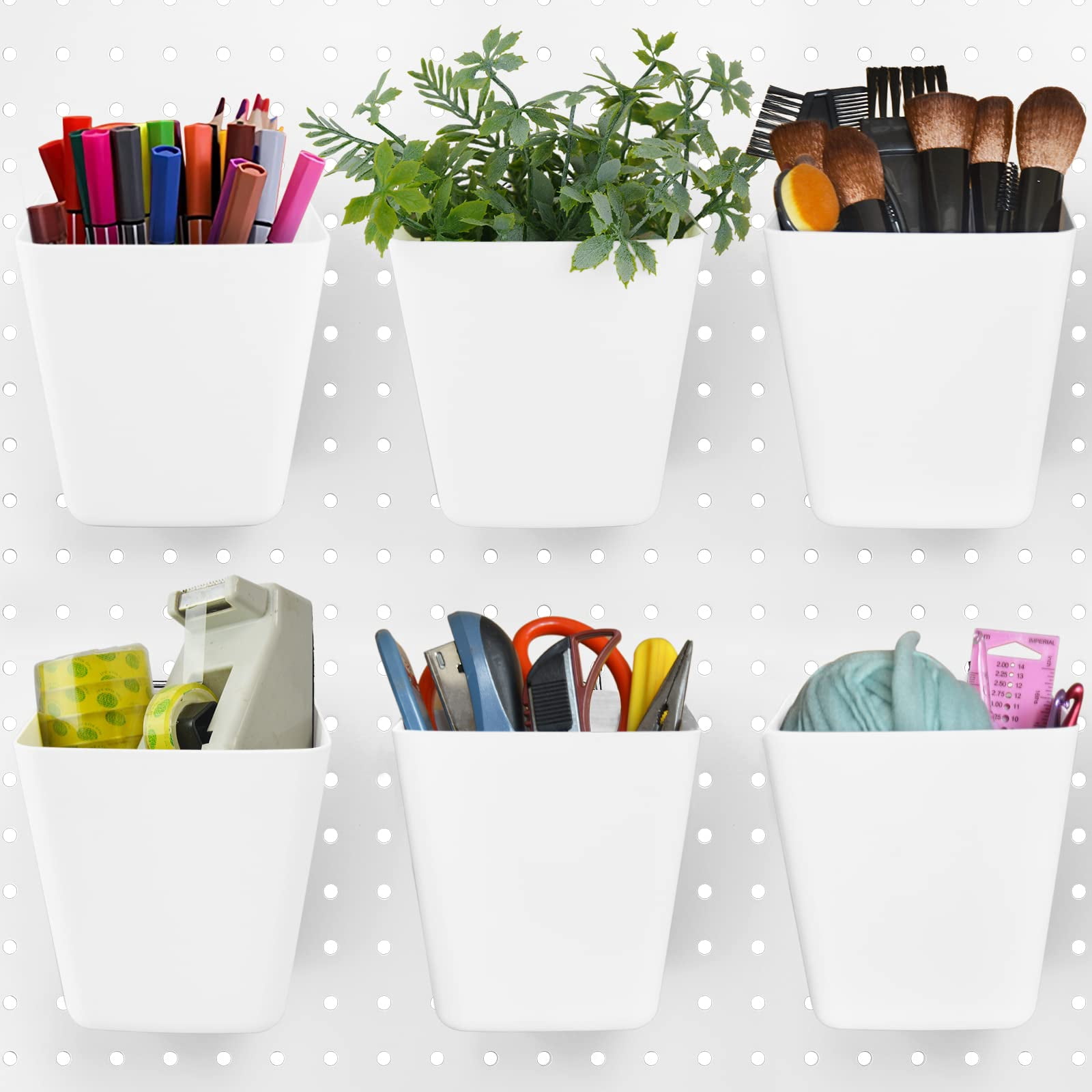 Large Pegboard Cups Peg Board Storage Bin 6 Pack With Hooks  Square Box Shape Cup Holder Accessories For Garage Workbench/craft Room/office/playroom/home Kitchen Organization (white)