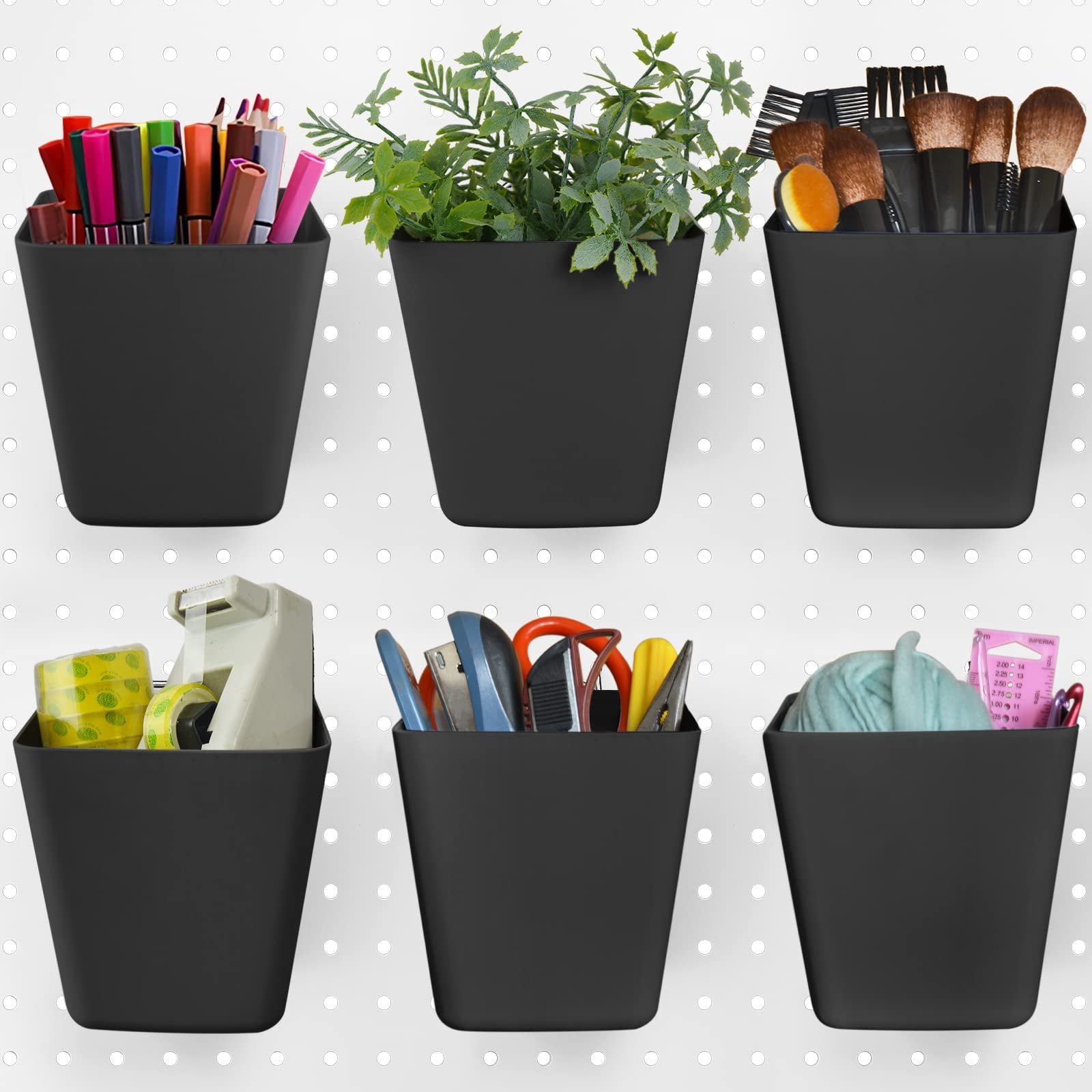 Large Pegboard Cups Peg Board Storage Bin 6 Pack With Hooks  Square Box Shape Cup Holder Accessories For Garage Workbench/craft Room/office/playroom/home Kitchen Organization (black)