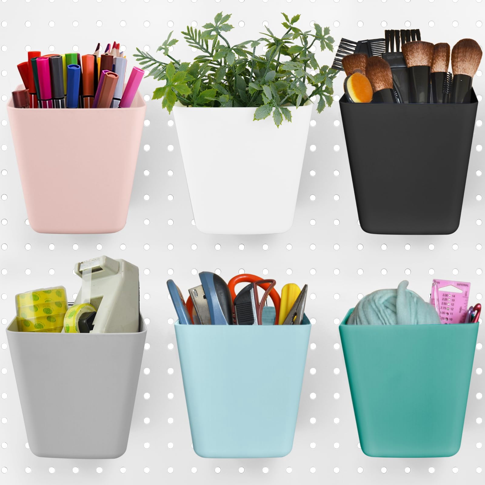 Large Pegboard Cups Peg Board Storage Bin 6 Pack With Hooks  Square Box Shape Cup Holder Accessories For Garage Workbench/craft Room/office/playroom/home Kitchen Organization (mixed)