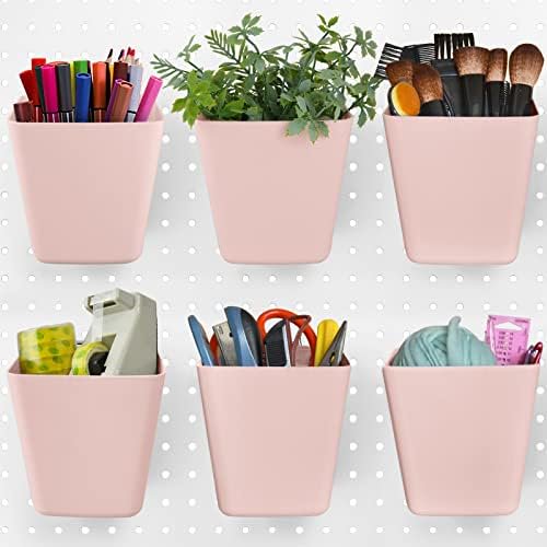 Large Pegboard Cups Peg Board Storage Bin 6 Pack with Hooks, Square Box Shape Pegboard Cup Holder Accessories for Garage Workbench/Craft Room/Office/Playroom/Home Kitchen Organization (Pink)