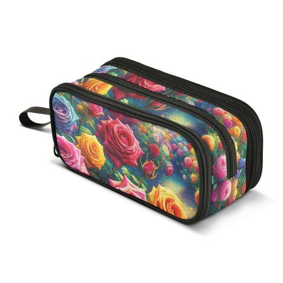 Large Pencil Case 3 Compartment Pencil Pouch Portable Pen Bag for Teen Girls Boys Adults Rainbow Rose and Butterflies