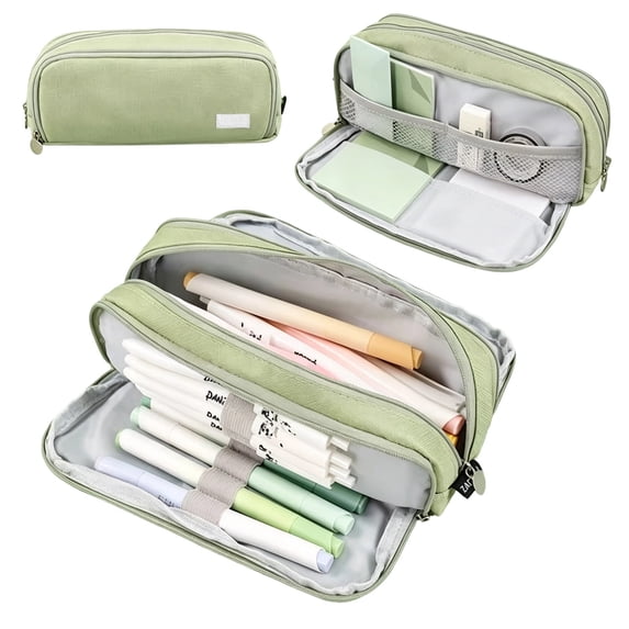 Large Pencil Case 3 Compartments Pencil Pouch Big Capacity Pencil Bag for Teen Student Supplies Oxford Organizer Pen Bag Cosmetic Makeup Pouch (Green) ((Green),8.26)