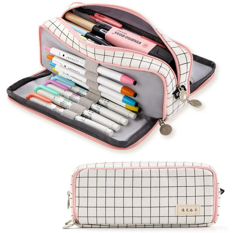 Large Pencil Case with Zipper Cute Grid School Supplies Stationery