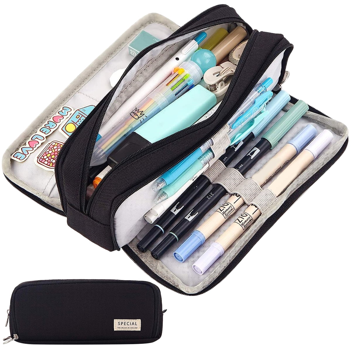 Angoo Pencil Case Dual Side Canvas Pouch Stationery Travel Bag