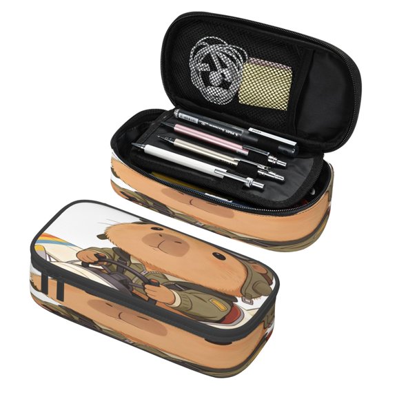 Large Pencil Case Big Capacity Pencil Pen Pouch Zipper Portable Pen Storage Bag For Office Adult Capybara Pilots A Plane