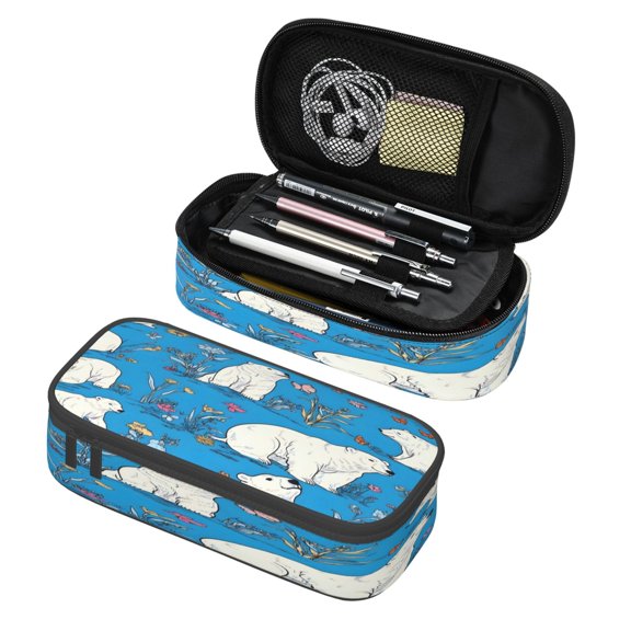 Large Pencil Case Big Capacity Pencil Pen Pouch Zipper Portable Pen Storage Bag For Office Adult Cute Polar Bear And Flower
