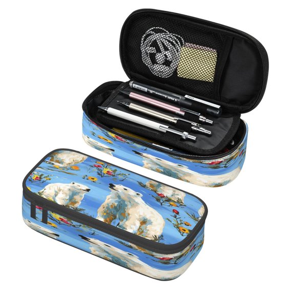 Large Pencil Case Big Capacity Pencil Pen Pouch Zipper Portable Pen Storage Bag For Office Adult Polar Bear And Flower