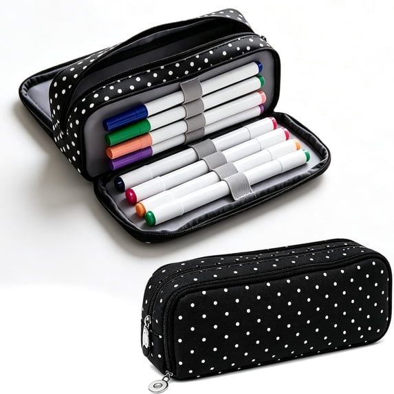 Large Pencil Case Big Capacity Pencil Pouch with 3 Compartments Canvas Pen Bag Marker Pen Bag Pencil Case for Women Black Polka Dot