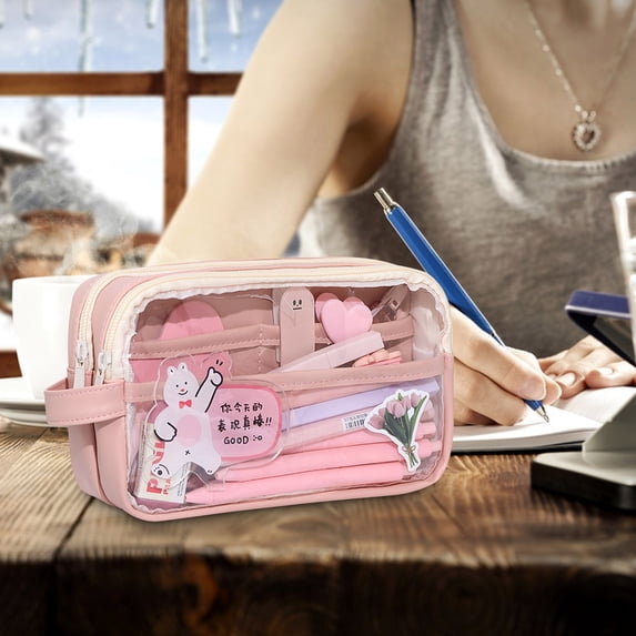 Large Pencil Case Pouch, Clear Multi-layer Pencil Box, Zipper Pen Bag for Office, Transparent Multifunction Makeup Bag for Women Travel (Pink)