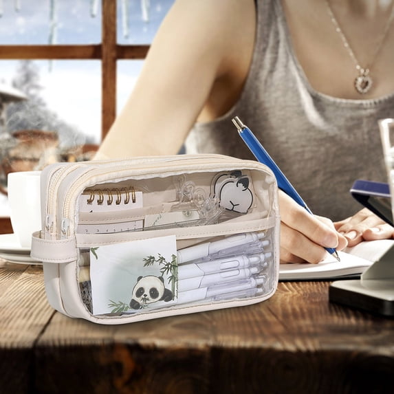 Large Pencil Case Pouch, Clear Multi-layer Pencil Box, Zipper Pen Bag for Office, Transparent Multifunction Makeup Bag for Women Travel (White)