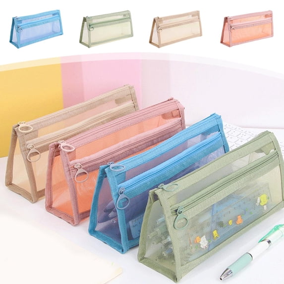 Large Pencil Case with Zipper Student SingleLayer Mesh Pencil Case Portable LargeCapacity StainResistant Rectangular Storage Pouch