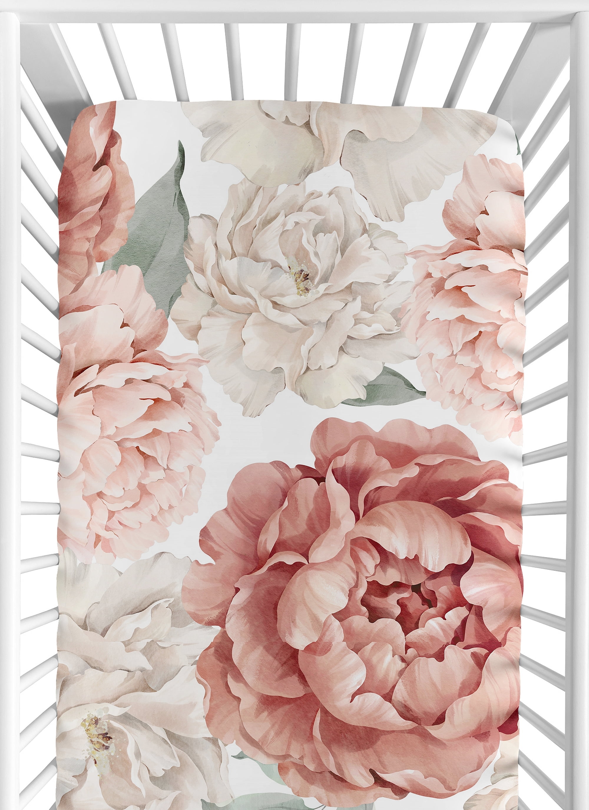 Sweet Jojo Designs Peony Floral Garden Flower Pink and Ivory Fitted Crib Sheet