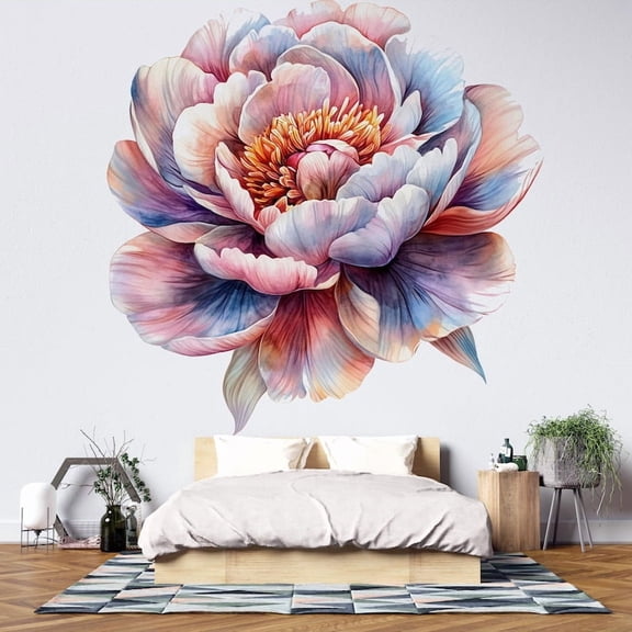 Large Peony Wall Decal Watercolor Flower Mural for Bedroom Accent Wall Decor Removable Vinyl Wall Art
