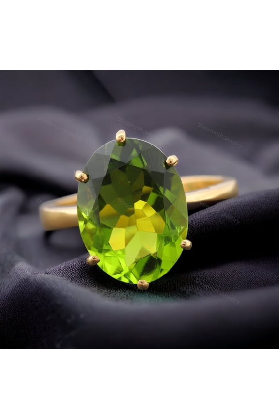 Large Peridot Solitaire Gemstone Ring, Engagement Ring For Bridal, Gold Women Jewelry, Custom Anniversary Gift, August Birthstone Jewelry