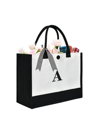 Austok Initial Canvas Tote Bag Personalized Beach Tote Bag Initial Embroidery Monogrammed Tote Bag Reusable Grocery Bags Present Bag for Mom Teachers