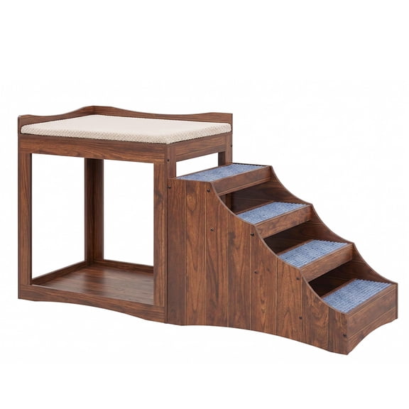 Large Pet Bunk Bed with Removable Step for Dogs Cats, Multi-Level Modern Wood Window Perch Seat Platform with Cushion, Heavy Duty Indoor Raised Furniture Large Scale Lounge for Multi-Pet