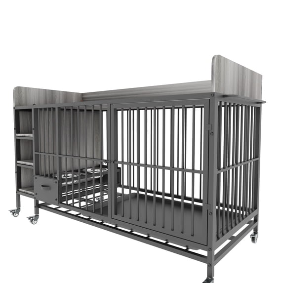 Large Pet Cage with Storage Rack, Stainless Steel Food and Water Drawers, Iron Frame and MDF Construction in Black and Charcoal Grey