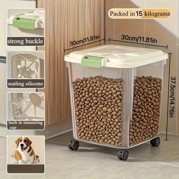Large Pet Food Storage Container with Wheels, Airtight 10-55 Lbs Dry Food Bin for Kitchen Pantry, Locking Lid & Built-In Scoop, Moisture-Proof Grain Storage for Large Breed Dog Cat