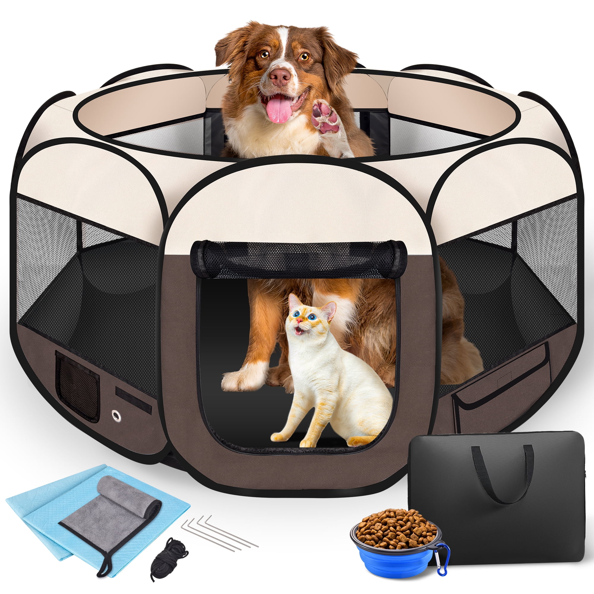 Large Pet Playpen for Dogs & Cats, 45"/ 114CM Diameter 23"/60CM Height Pet Playpens Foldable Portable Indoor Outdoor Exercise Pen with Carrying Case for Cat Puppy Rabbit, Brown